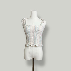 American Eagle Top Women Size Small Multicolored Smock Tie Strap Ruffle Hem